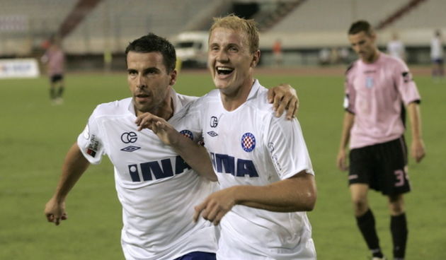 Split, 290809. Stadion na Poljudu. Nogomet, T- Com 1. HNL, susret 6. kola Hajduk – Lokomotiva.  Na fotografiji: Senijad Ibricic i Ahmad Sharbini slave pogodak. Foto: Jakov Prkic / CROPIX
