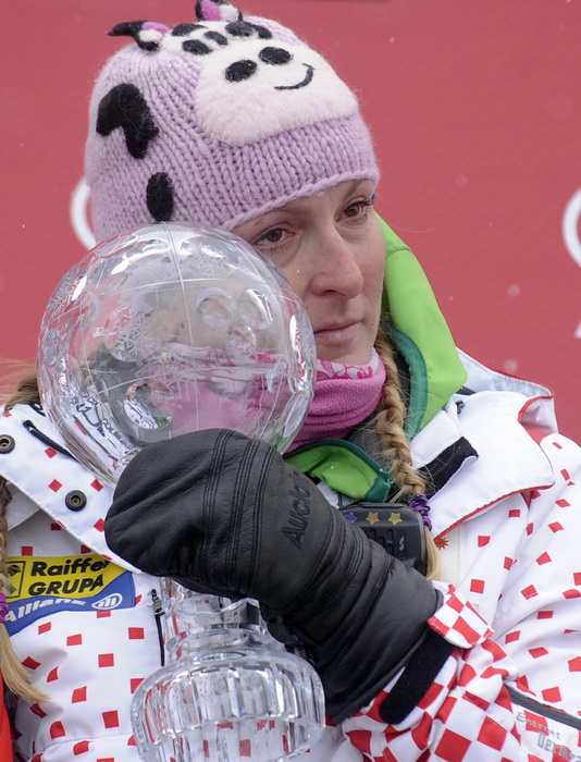 Lenzerheide, 190311.
Zavrsnica Svjetskog skijaskog kupa u skijanju u svicarskom mjestu Lenzerheide, Ivica Kostelic kao najbolji skijas u ukupnom poretku osvajac velikog kristalnog globusa i jos dva mala globusa za kombinaciju i slalom. 
Na slici: Janica K