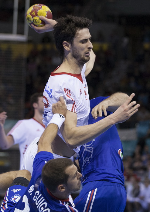 Zaragoza, Spanjolska, 230113.
Gradska dvorana Principe Felipe.
Svjetsko prvenstvo u rukometu za muskarce Spanjolska 2013.
Utakmica cetvrtfinala izmedju reprezentacija Hrvatske i Francuske.
Na fotografiji: Marko Kopljar.
Foto: Ante Cizmic / CROPIX