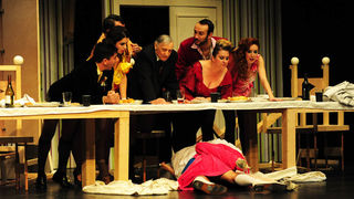 Zadar, 28.01.2013. snimio: Nenad Marčev 
HNK Šibenik 
Drama 
Bertolt Brecht: 
Pir malograđana 
redatelj: Dražen Ferenčina 
igraju: Žarko Potočnjak, Janko Popović – Volarić 
Helena Minić , Robert Ugrina, Vinko Štefanac 
Oriana Kunčić, Franka