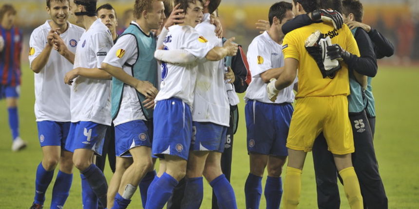 Split, 300910. Stadion Poljud. Nogometna utakmica drugog kola Europske lige,  Hajduk – Anderlecht.  Na slici: slavlje Hajdukovaca.  Foto: Josko Ponos / CROPIX