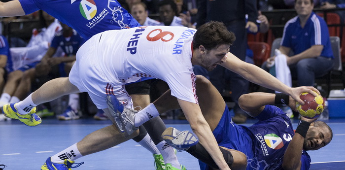 Zaragoza, Spanjolska, 230113.
Gradska dvorana Principe Felipe.
Svjetsko prvenstvo u rukometu za muskarce Spanjolska 2013.
Utakmica cetvrtfinala izmedju reprezentacija Hrvatske i Francuske.
Na fotografiji: Marko Kopljar.
Foto: Ante Cizmic / CROPIX