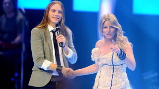 Zagreb, 040610.
Jadran film, Oporovecka 12.
Reality show RTL televizije Hrvatska trazi zvijezdu, finalna emisija.
Na slici: Vilibald Kovac, Antonija Blace.
Foto: Damir Krajac / CROPIX