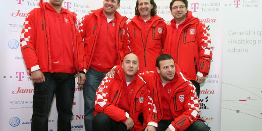 Zagreb, 010210.
Edukacijski centar HT-a.
Medijsko predstavljanje Hrvatske olimpijske delegacije za Zimske olimpijske igre Vancouver 2010.  na kojem je prisustvovala i predsjednica Vlade RH Jadrnaka Kosor.
Na slici: clanovi bob delegacije.
Foto: Davor Pong