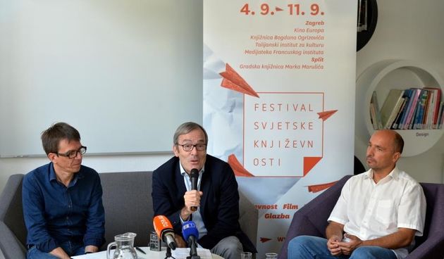 Na konferenciji za medije predstavljen program Festivala svjetske knjizevnosti koji ce se odrzavati od 04.-11.09.2016. Seid Serdarevic, Luc Levy, Tomislav Buntak. Photo: Marko Lukunic/PIXSELL