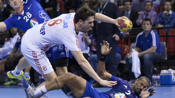 Zaragoza, Spanjolska, 230113.
Gradska dvorana Principe Felipe.
Svjetsko prvenstvo u rukometu za muskarce Spanjolska 2013.
Utakmica cetvrtfinala izmedju reprezentacija Hrvatske i Francuske.
Na fotografiji: Marko Kopljar.
Foto: Ante Cizmic / CROPIX