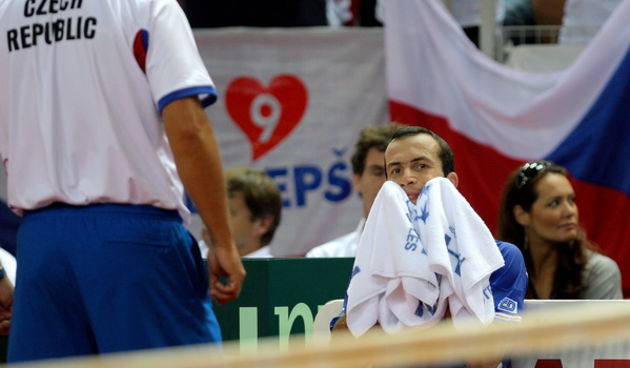 Porec, 180909.
Davis cup, polufinale izmedju reprezentacija Hrvatske i Ceske igra se od 18. do 20. 09.2009. u poreckoj dvorani Zatika. Mec izmedju Ivo Karlovica i Radek Stepaneka. 
Na slici: Radek Stepanek.
Foto: Goran Sebelic / CROPIX