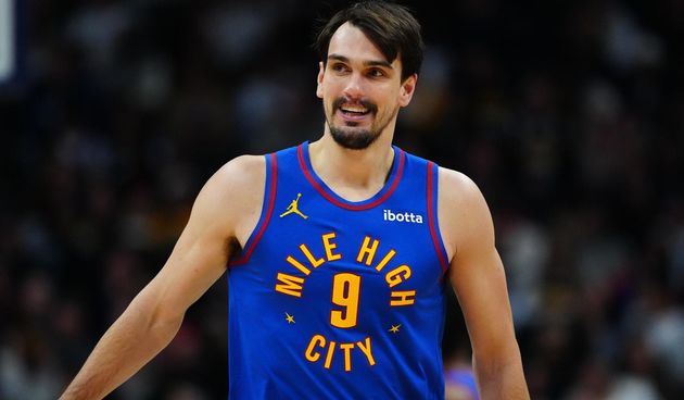 Denver Nuggets forward Dario Saric (9) reacts in the second half against the LA Clippers at Ball Arena.