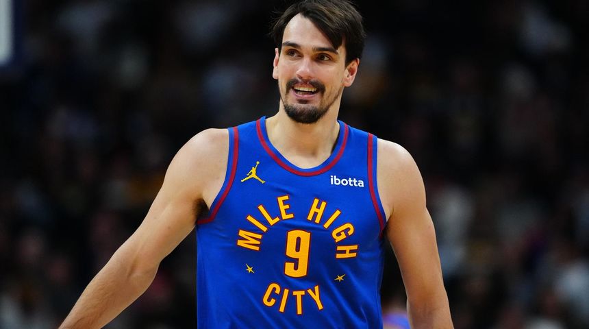 Denver Nuggets forward Dario Saric (9) reacts in the second half against the LA Clippers at Ball Arena. Denver Nuggets forward Dario Saric (9) reacts in the second half against the LA Clippers at Ball Arena.