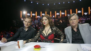 Zagreb, 051110.
Studio 2 Jadran filma, Oporovecka 12. 
Supertalent show Nove TV.
Na slici: clanovi zirija Supertalenta, Nina Badric, Dubravko Merlic i Enis Beslagic. 
Foto: Ranko Suvar / CROPIX
