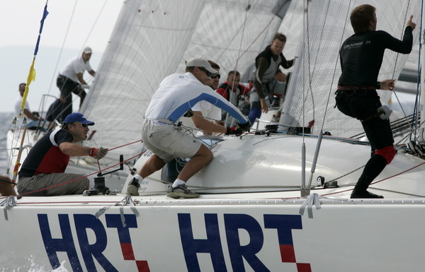 Split, 160909.
Danas je flotnim plovom zapoceo 23. ACI Match Race kup. 
Na fotografiji: posada kormilara Zvonka Jelacica.
Foto: Jakov Prkic / CROPIX