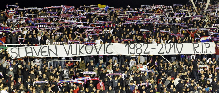 Split, 011210. 
Stadion HNK Hajduka u Poljudu.    
UEFA Europska liga utakmica HNK Hajduk – FC AEK. 
Na slici: navijaci Torcide. 
Foto: Jadran Babic / CROPIX