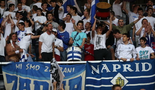 Zagreb, 180513.
Dvorana Kresimira Cosica. Kosarkaska utakmica polufinala doigravanja za prvaka Hrvatske (1 utakmica) izmedju KK Zadar i KK Cedevita. 
Na fotografiji: navijaci Zadra Tornado.
Foto: Jure Miskovic / CROPIX