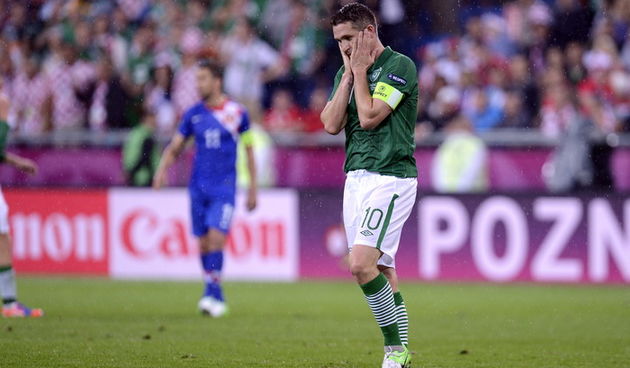Poznan, 100612.
EURO 2012.
Gradski stadion u Poznanu.
Utakmica prvog kola skupine C, Europskog nogometnog prvenstva u Poljskoj i Ukrajini, izmedju Irske i Hrvatske.
Na fotografiji: Robbie Keane.
Foto: Drago Sopta / CROPIX