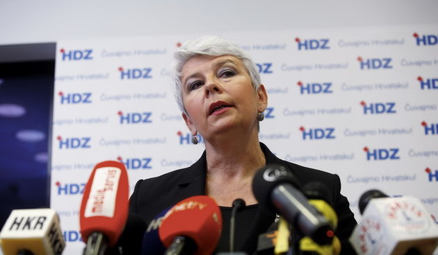 Zagreb, 271011.
Trg Hrvatskih Velikana, sjediste HDZ-a.
Press konferencija HDZ-a u vezi Uskokove prijave. 
Na slici: premijerka Jadranka Kosor.
Foto: Goran Mehkek / CROPIX