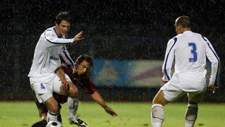 Cakovec, 200809.
Na gradskom stadionu Cakovec igra se prvenstvena utakmica T-com Prve HNL izmedju NK Medjimurje i NK Zadar.
Na fotografiji: Dvoboj Mateja Janjica iz Zadra i Marijana Vuka iz Medjimurja.
Foto: Andrej Svoger / Cropix
