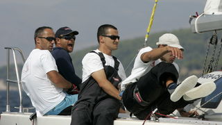 Split, 160909.
Danas je flotnim plovom zapoceo 23. ACI Match Race kup. 
Na fotografiji: posada kormilara Mate Arapova (plava kapa).
Foto: Jakov Prkic / CROPIX