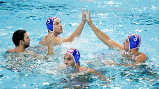 Zagreb, 050910.Bazen Mladost na Savi.29. Europsko prvenstvo u vaterpolu.Hrvatska – ItalijaNa fotografiji: slavlje hrvatskih vaterpolista, Josip Pavic, Damir Buric, Ivan Buljubasic i Miho Boskovic.Foto: Ronald Gorsic / CROPIX