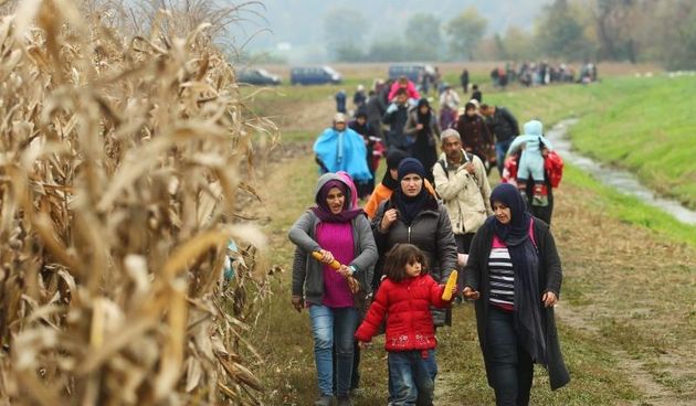 Brezice, Slovenija – Oko 2000 izbjeglica u koloni hoda od mjesta Rigonce prema kampu u Brezicama u pratnji Slovenske policije, Foto: Zeljko Lukunic/PIXSELL