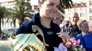 Dina Levačić otplivala humanitarni maraton između Trogira i Splita za Udrugu Anđeli. Foto: Miranda Cikotić/PIXSELL Dina Levačić otplivala humanitarni maraton između Trogira i Splita za Udrugu Anđeli. Foto: Miranda Cikotić/PIXSELL