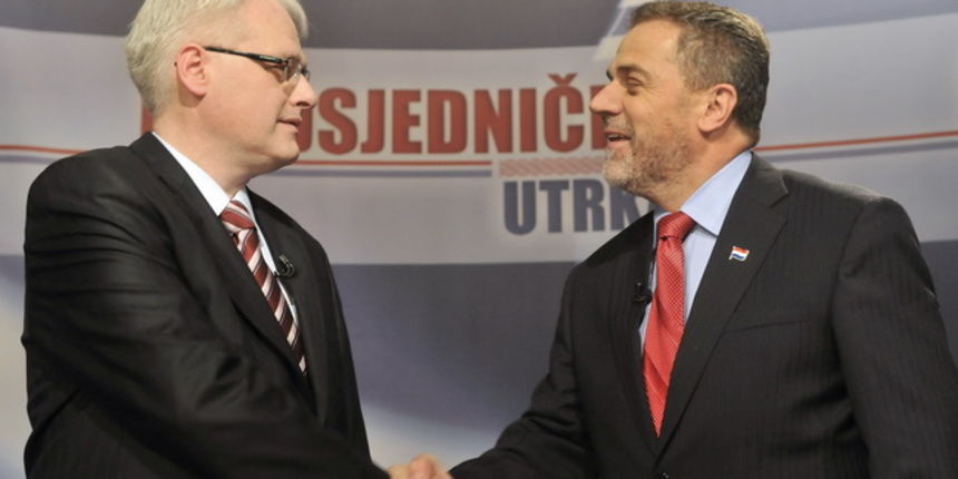 Zagreb, 070110. Remetnecka cesta, Nova TV.?Suceljavanje predsjednickih kandidata Ive Josipovica i Milana Bandica u studiju Nove TV s voditeljem Mislavom Bagom. Na slici: Ivo Josipovic i Milan Bandic.?Foto: Bruno Konjevic / CROPIX