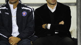 Split, 011210. 
Stadion HNK Hajduka u Poljudu.    
UEFA Europska liga utakmica HNK Hajduk – FC AEK. 
Na slici: Zlatko Vujovic i Goran Vucevic.
Foto: Nikola Vilic / CROPIX