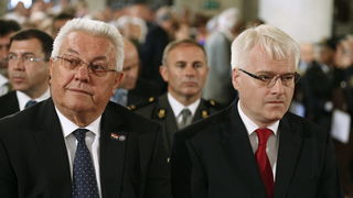 Zagreb, 250611.
Crkva svetog Marka na Gornjem gradu.
Svecana misa povodom Dana drzavnosti na kojoj je prisustvovao hrvatski politicki vrh.
Predsjednik Ivo Josipovic, predsjednik Sabora Luka Bebic, 
Foto: Damjan Tadic / CROPIX