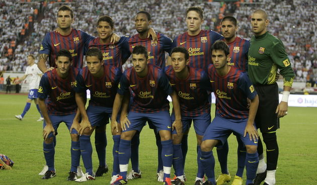 Split, 230711.
Stadion Poljuda.
Prijateljska nogometna utakmica Hajduk – Barcelona povodom stote obljetnice Hajduka.
Na slici: momcad Barcelone.
Foto: Jakov Prkic / CROPIX