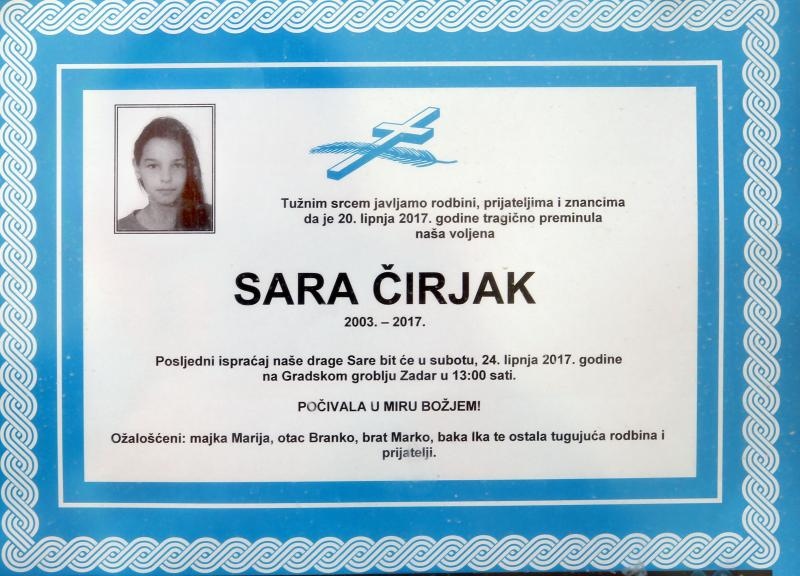 Na zadarskom Gradskom groblju na posljednji počinak ispraćena Sara Čirjak