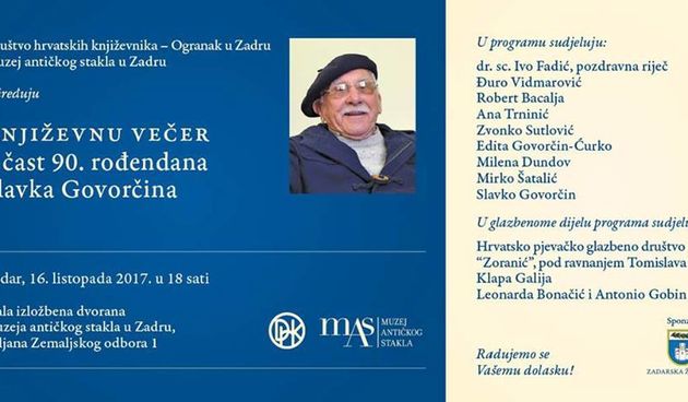 Književna večer u čast 90. rođendana zadarskog književnika Slavka Govorčina
