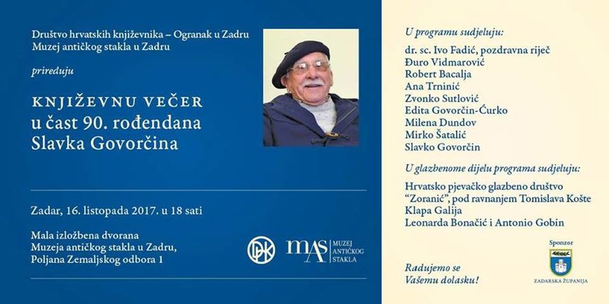 Književna večer u čast 90. rođendana zadarskog književnika Slavka Govorčina