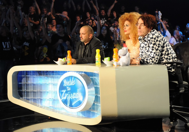 Zagreb, 040610.
Jadran film, Oporovecka 12.
Reality show RTL televizije Hrvatska trazi zvijezdu, finalna emisija.
Na slici: Tony Cetinski, Andja Maric, Goran Lisica – Fox.
Foto: Damir Krajac / CROPIX