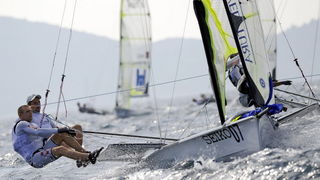 Zadar, 040909.
Europsko prvenstvo u jedrenju za klasu 49er 2009.
Dan kakav pravi jedrlicar moze samo pozeljeti. U zadarskom kanalu jugo preko 20 cvorova. jedrio se peti dan europskog prvenstva u jedrenju za klasu 49er. Odvozila su se cak 4 plova.
Na slici