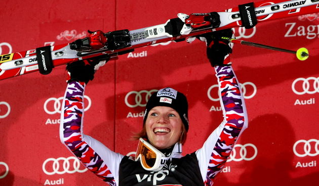 Zagreb, 030112.
Sljeme – Vip Snow Queen Trophy 2012.
Slalomska utrka FIS Svjetskog kupa na Sljemenu za zene.
Na slici: prvoplasirana Marlies Schild.
Foto: Ronald Gorsic / CROPIX