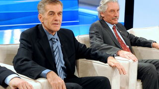 Zagreb, 221209. 
Prisavlje 13, studio HRT-a.
Suceljavanje predsjednickih kandidata.
Na slici: Josip Jurcevic, Boris Miksic.
Foto: Damir Krajac / CROPIX