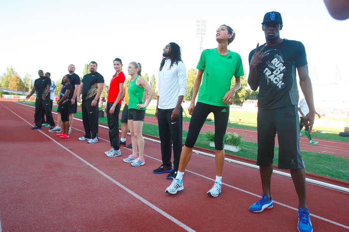 Zagreb, 130911.
IAAF World Challenge Zagreb 2011, 
61. memorijal Borisa Hanzekovica na atletskom stadionu Mladost na Savi.
Na slici: sudionici mitinga prvi sdesna Usain Bolt, Blanka Vlasic.
Foto: Goran Mehkek / CROPIX