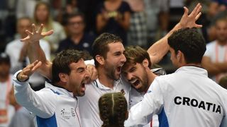 Davis Cup: Fešta nakon pobjede Marina Čilića nad Richardom Gasquetom i osiguranog plasmana u finale Davis Cupa. Photo: Hrvoje Jelavić/PIXSELL