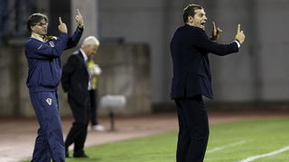 Zagreb, 050909.
Maksimirski stadion, kvalifikacijska utakmica skupine 6 za Svjetsko nogometno prvenstvo u Juznoj Africi 2010.
Hrvatska – Bjelorusija.
Na fotografiji: Slaven Bilic, Aljosa Asanovic.
Foto: Dragan Matic / Cropix