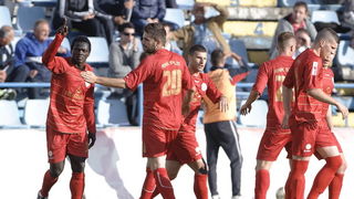 Zadar, 260513.
Stadion Stanovi.
Utakmica MAXtv 1. HNL izmedju Zadra i Splita.
Na fotografiji: Henri Belle, Ivan Radeljic i Josip Radotic  slave vodstvo Splita.
Foto: Tom Dubravec / CROPIX