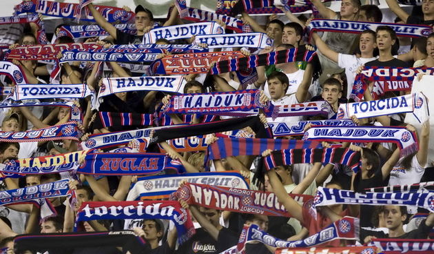 Split, 250911.
Gradski stadion Poljud.
Utakmica 1.HNL-a izmedju Hajduka i Slaven Belupa.
Na fotografiji: Torcida.
Foto: Ante Cizmic / CROPIX