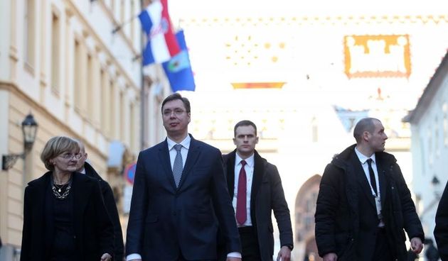 15.02.2015., Zagreb – Premijer Srbije Aleksandar Vucic nakon sastanka s ministricom vanjske politike Vesnom Pusic dao je izjavu za medije. Photo: Slavko Midzor/PIXSELL
