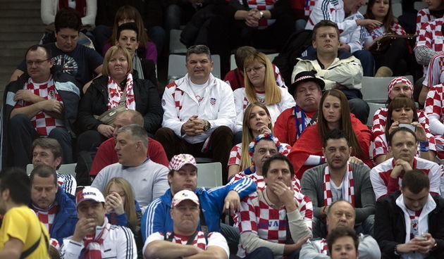 Barcelona 250113.
Gradska dvorana Palau Sant Jordi.
Svjetsko prvenstvo u rukometu za muskarce Spanjolska 2013.
Utakmica polufinala izmedju Hrvatske i Danske.
Na fotografiji: navijaci.
Foto: Ante Cizmic / CROPIX
