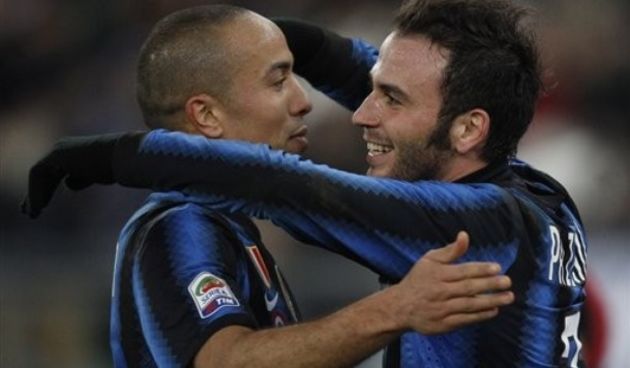 Inter Milan forward Giampaolo Pazzini, right, celebrates with his teammate midfielder Houssine Kharja // AP Photo