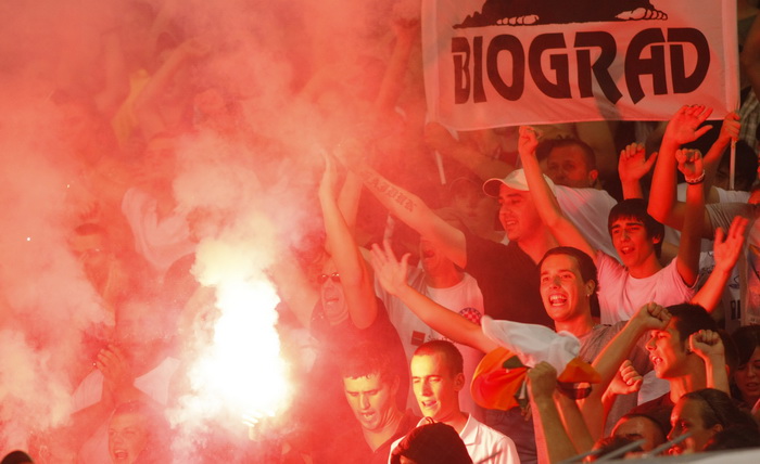 Split,190810.
Stadion Poljud.
Nogometna utakmica kvalifikacija za europsku ligu izmedju Hajduka i Unirea.
Na fotografiji: torcida navijaci
Foto: Duje Klaric / CROPIX