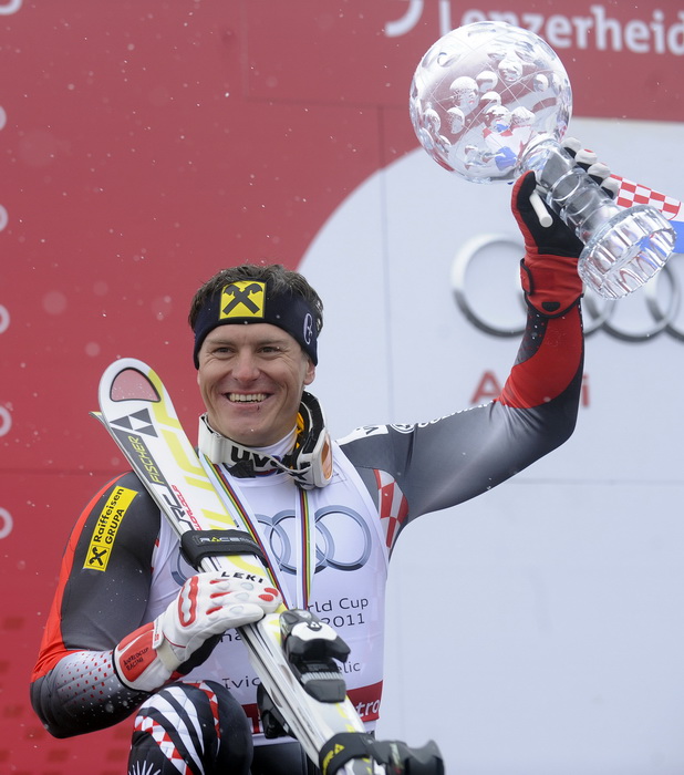 Lenzerheide, 190311.
Zavrsnica Svjetskog skijaskog kupa u skijanju u svicarskom mjestu Lenzerheide, Ivica Kostelic kao najbolji skijas u ukupnom poretku osvajac velikog kristalnog globusa. 
Na slici: Ivica Kostelic.
Foto: Drago Sopta / CROPIX