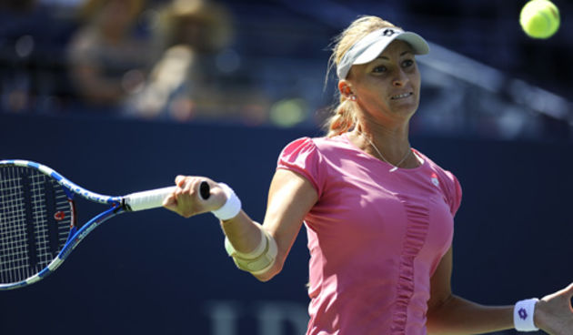 Mirjana Lucic (CRO) hits the ball back to Francesca Schiavone (ITA)[7] in a 2nd Round women’s singles match on Arthur Ashe Stadium.
