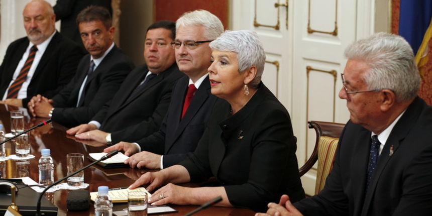 Zagreb, 250611.
Hrvatska Vlada, Banski dvori.
Svecana sjednica Hrvatske Vlade,povodom Dana drzavnosti.
Na slici: premijerka Jadranka Kosor, predsjednik Hrvatske Ivo Josipovic, predsjednik Hrvatskog Sabora Luka Bebic.
Foto:  Damjan Tadic / CROPIX