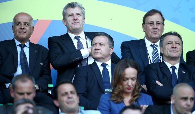 Stadion Geoffroy-Guichard, Saint-Etienne, Francuska – UEFA EURO 2016., 2. kolo, skupina D, Ceska – Hrvatska. Davor Suker, Damir Vrbanovic, Zdravko Mamic. Photo: Sanjin Strukic/PIXSELL
