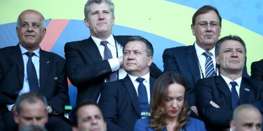 Stadion Geoffroy-Guichard, Saint-Etienne, Francuska – UEFA EURO 2016., 2. kolo, skupina D, Ceska – Hrvatska. Davor Suker, Damir Vrbanovic, Zdravko Mamic. Photo: Sanjin Strukic/PIXSELL
