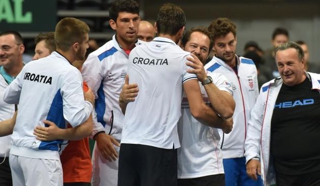Davis Cup: Fešta nakon pobjede Marina Čilića nad Richardom Gasquetom i osiguranog plasmana u finale Davis Cupa. Photo: Hrvoje Jelavić/PIXSELL